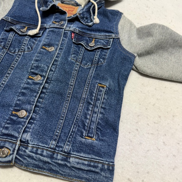 Levi Denim Trucker Jacket Hoodie Gray Sweatshirt Sleeves Women's Small Classic - Picture 4 of 16